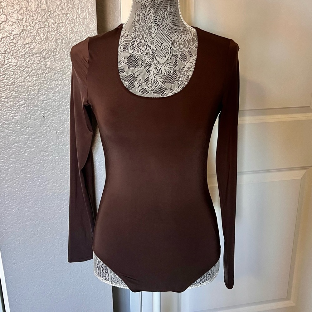Express Chocolate Brown Long Sleeve Scoop-Neck Compression Bodysuit